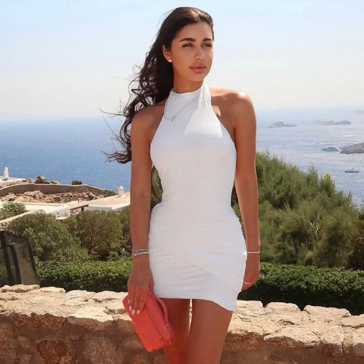 Mini Dress with Collar, Open Back, and Cross Pleated Design - Sheli