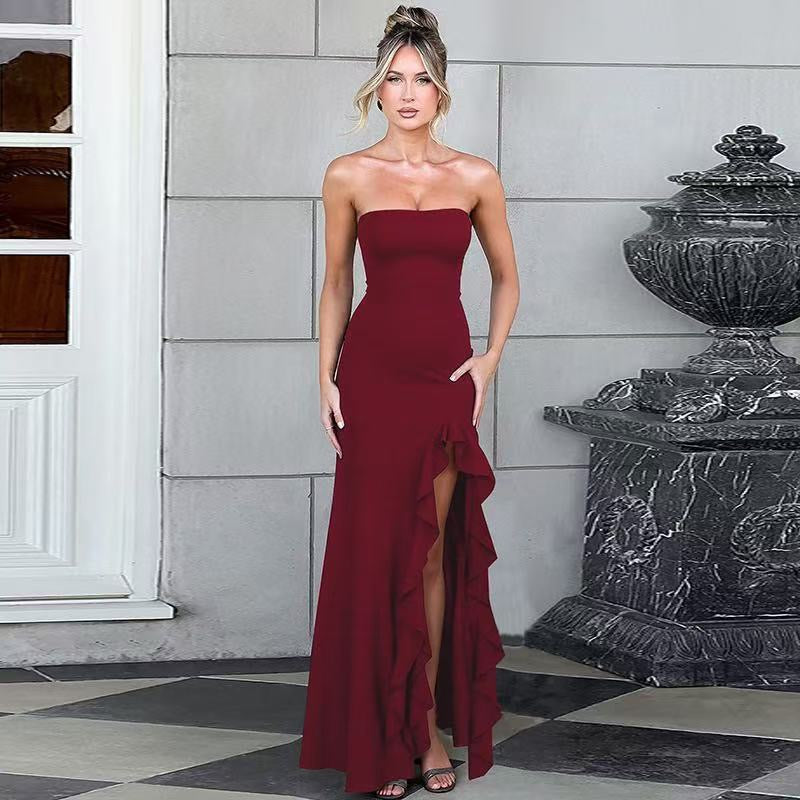 Strapless ruffled maxi dress with a slit design – Rona