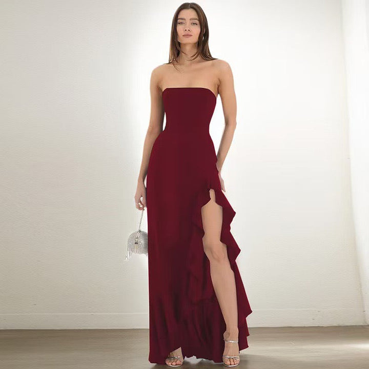Strapless ruffled maxi dress with a slit design – Rona
