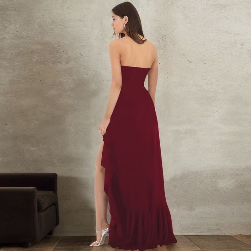 Strapless ruffled maxi dress with a slit design – Rona