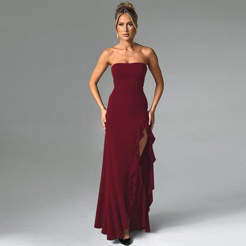 Strapless ruffled maxi dress with a slit design – Rona