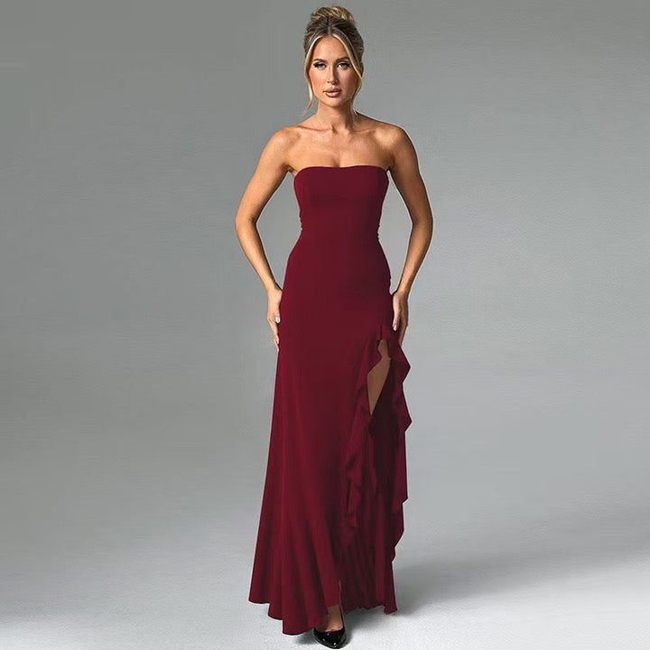 Strapless ruffled maxi dress with a slit design – Rona