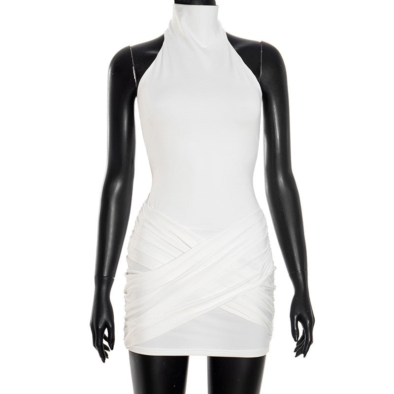 Mini Dress with Collar, Open Back, and Cross Pleated Design - Sheli