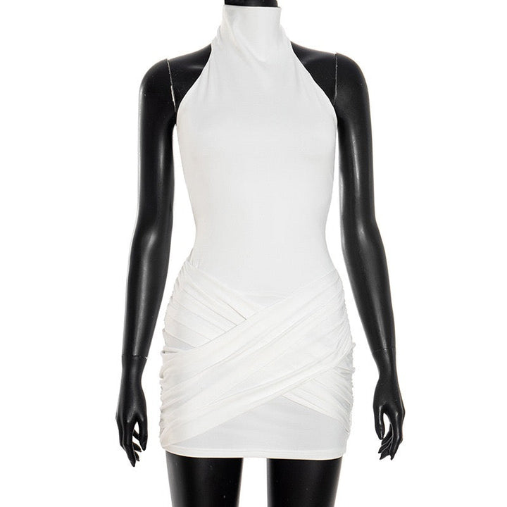 Mini Dress with Collar, Open Back, and Cross Pleated Design - Sheli