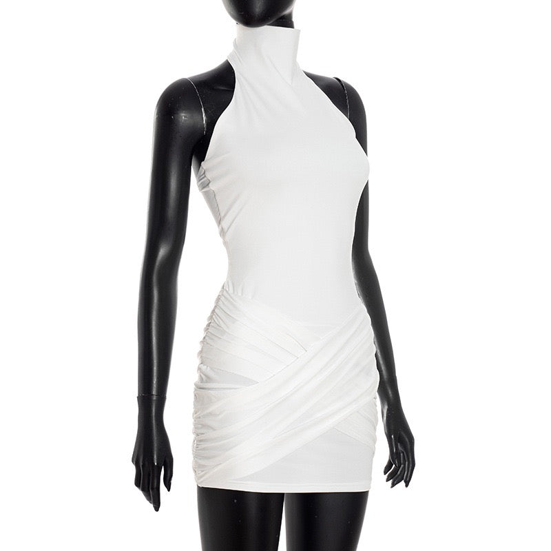 Mini Dress with Collar, Open Back, and Cross Pleated Design - Sheli