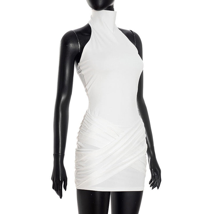 Mini Dress with Collar, Open Back, and Cross Pleated Design - Sheli