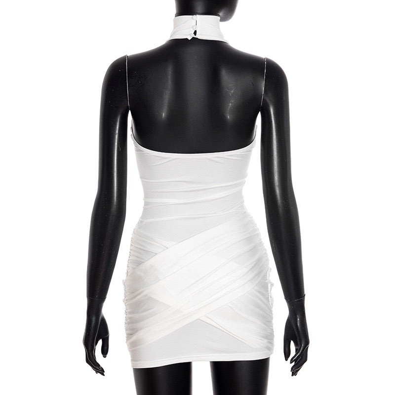 Mini Dress with Collar, Open Back, and Cross Pleated Design - Sheli