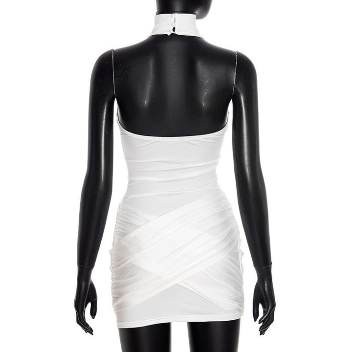 Mini Dress with Collar, Open Back, and Cross Pleated Design - Sheli