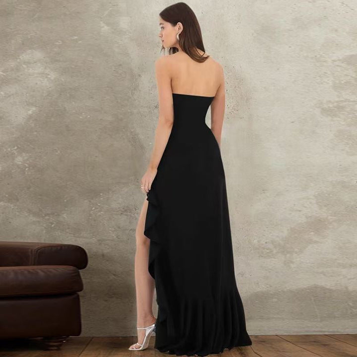 Strapless ruffled maxi dress with a slit design – Rona