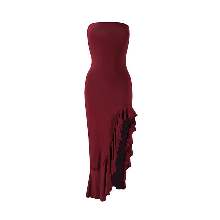 Strapless ruffled maxi dress with a slit design – Rona