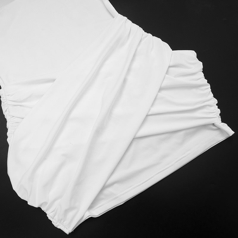 Mini Dress with Collar, Open Back, and Cross Pleated Design - Sheli