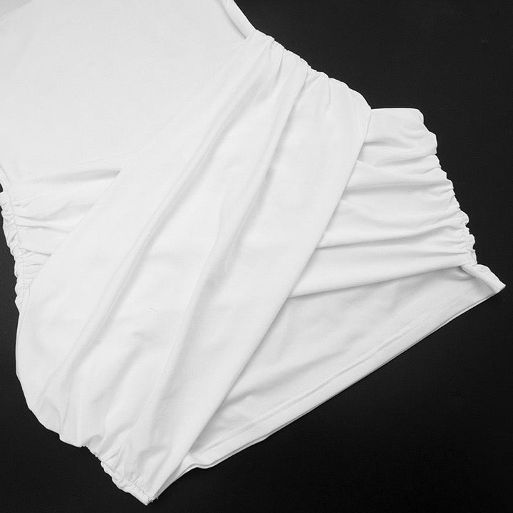 Mini Dress with Collar, Open Back, and Cross Pleated Design - Sheli