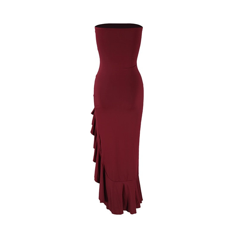 Strapless ruffled maxi dress with a slit design – Rona