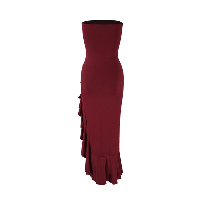 Strapless ruffled maxi dress with a slit design – Rona