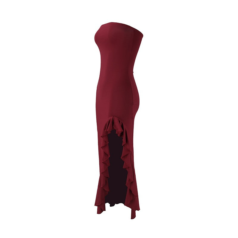 Strapless ruffled maxi dress with a slit design – Rona