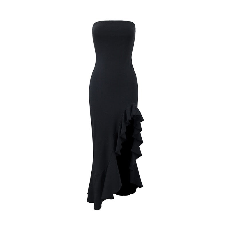 Strapless ruffled maxi dress with a slit design – Rona