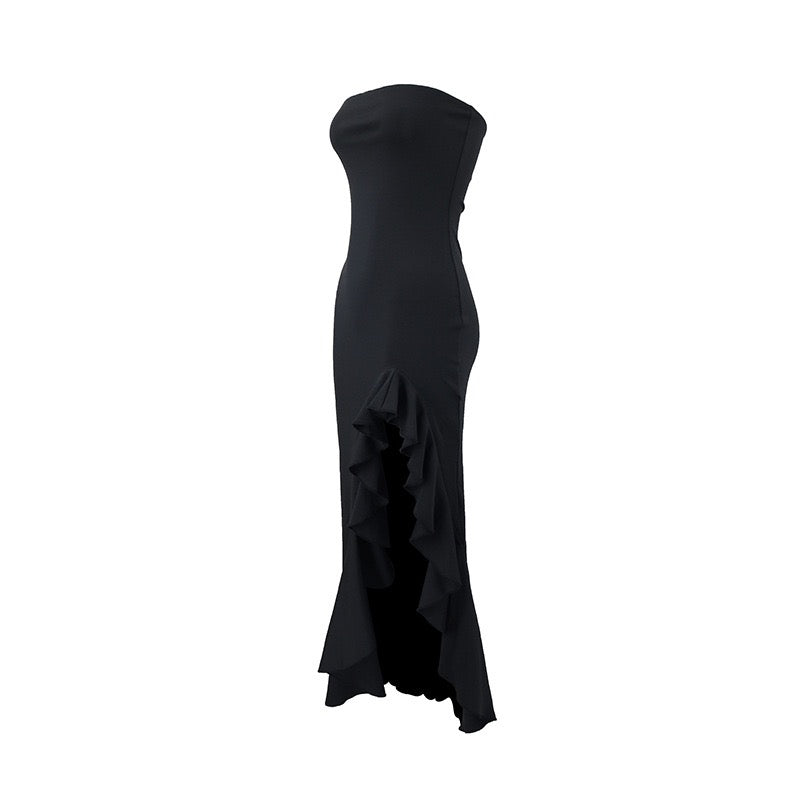Strapless ruffled maxi dress with a slit design – Rona