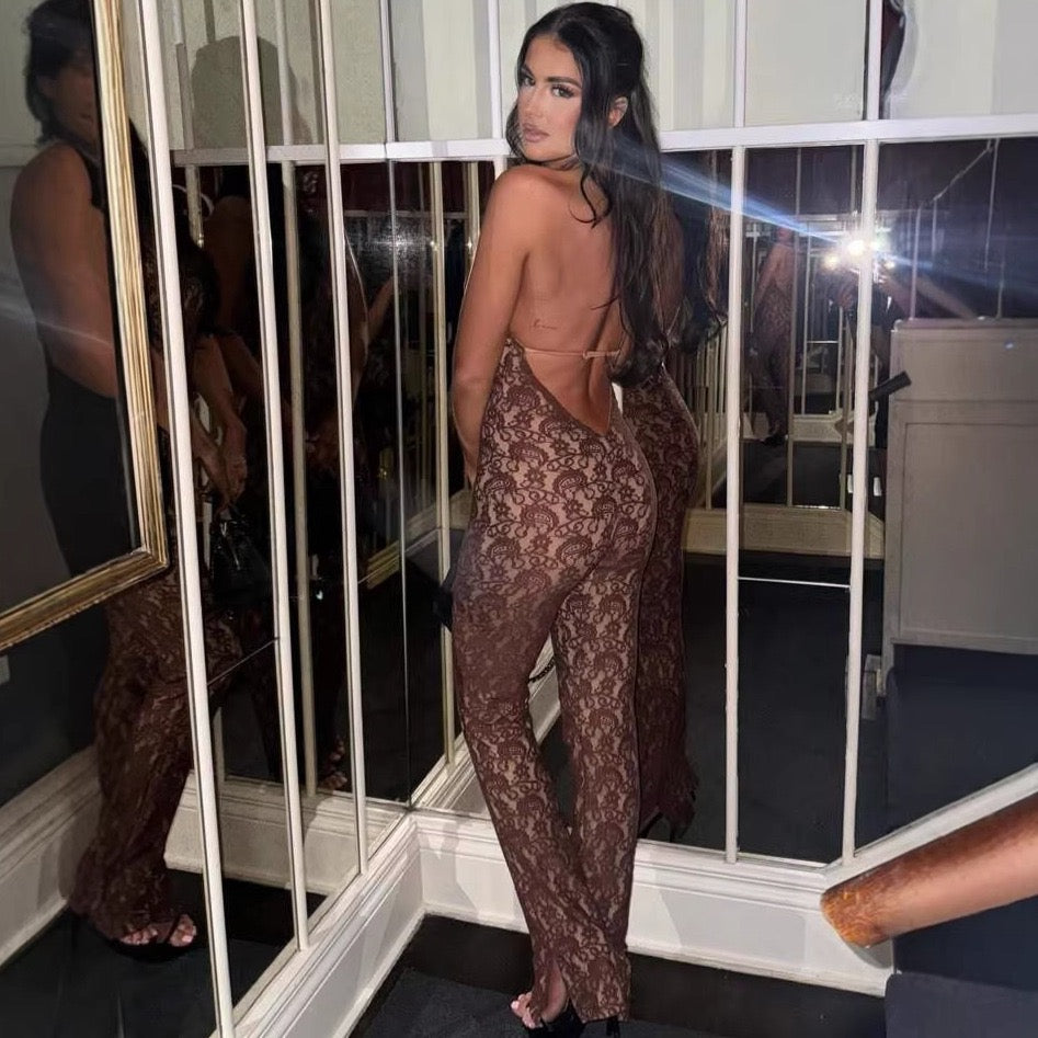 Long opaque lace jumpsuit with a halter neckline and open-back design - Sial