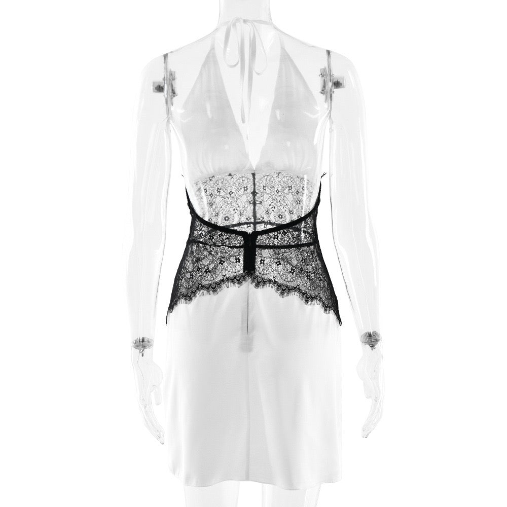 Mini satin dress with lace design - Laor