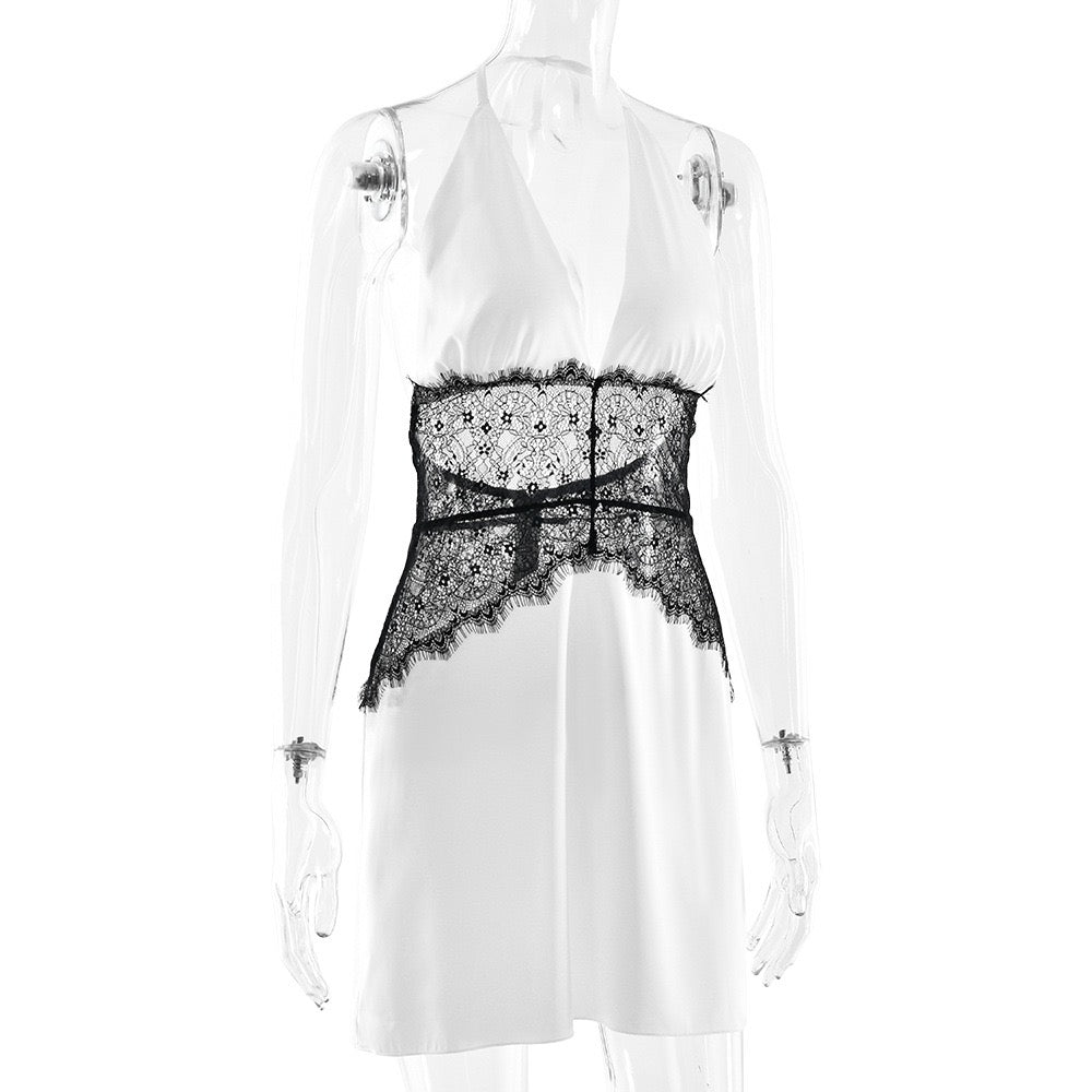 Mini satin dress with lace design - Laor
