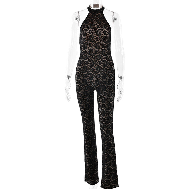 Long opaque lace jumpsuit with a halter neckline and open-back design - Sial