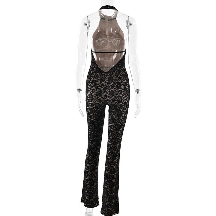 Long opaque lace jumpsuit with a halter neckline and open-back design - Sial