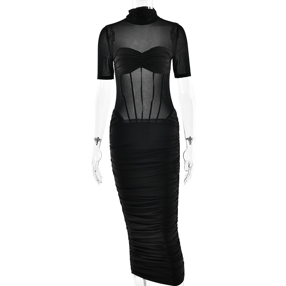 Midi turtleneck dress with mesh and corset design - Sean