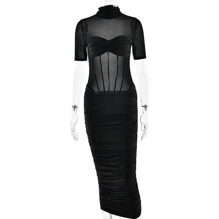 Midi turtleneck dress with mesh and corset design - Sean