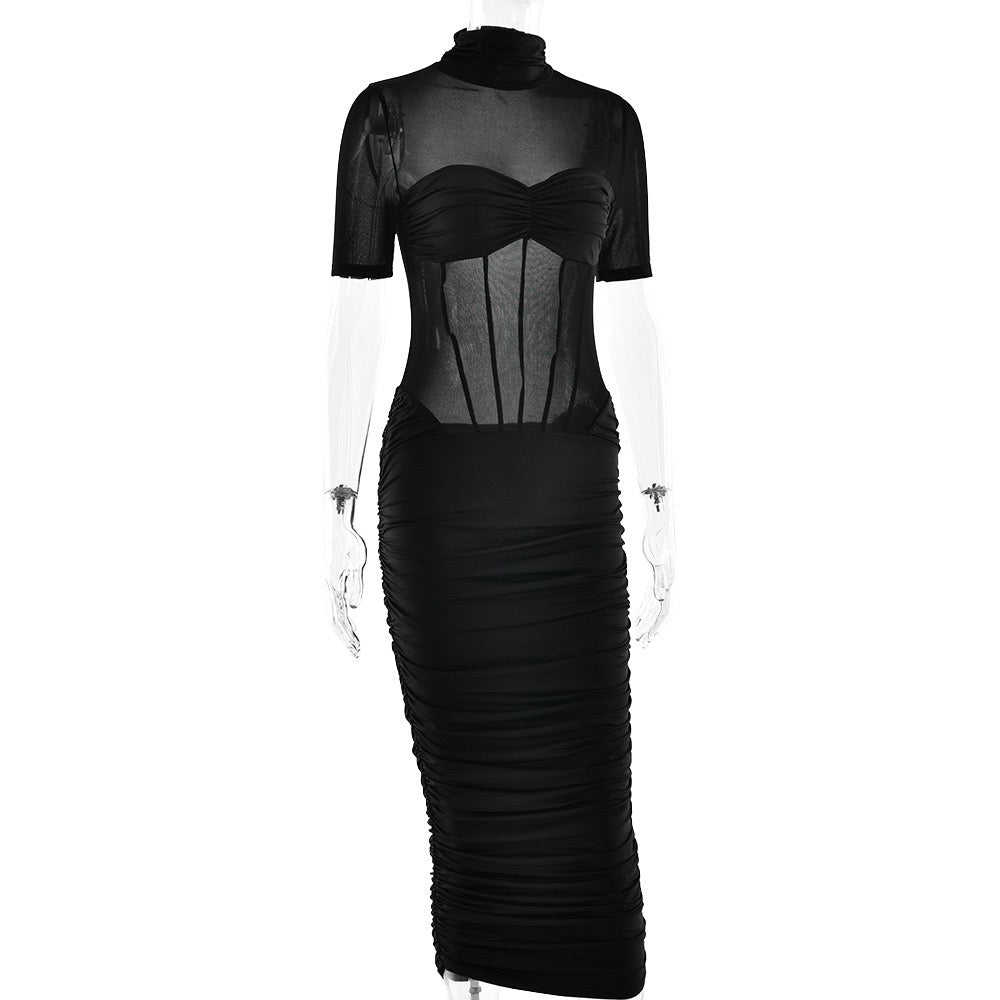 Midi turtleneck dress with mesh and corset design - Sean
