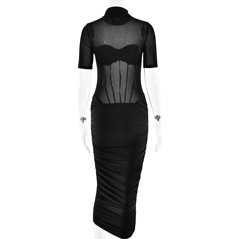 Midi turtleneck dress with mesh and corset design - Sean