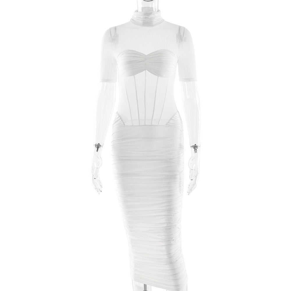 Midi turtleneck dress with mesh and corset design - Sean