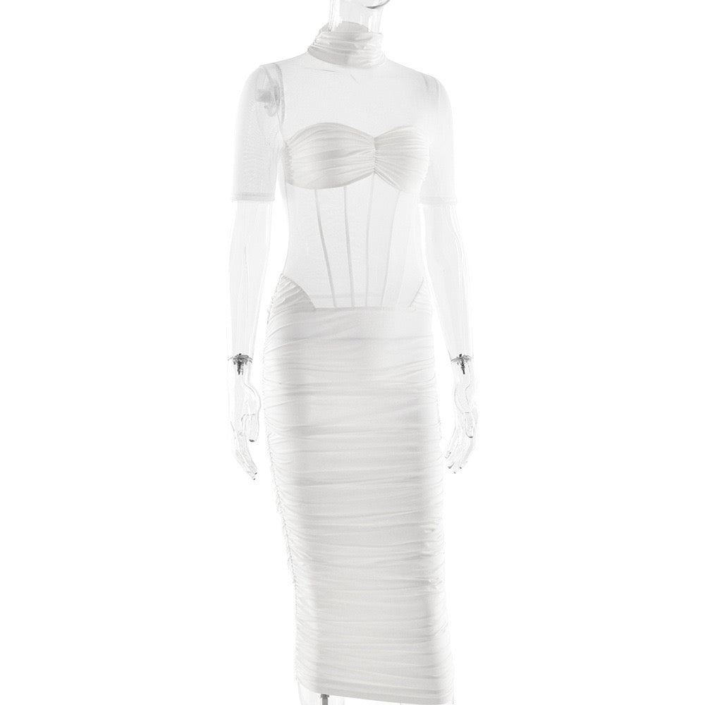 Midi turtleneck dress with mesh and corset design - Sean