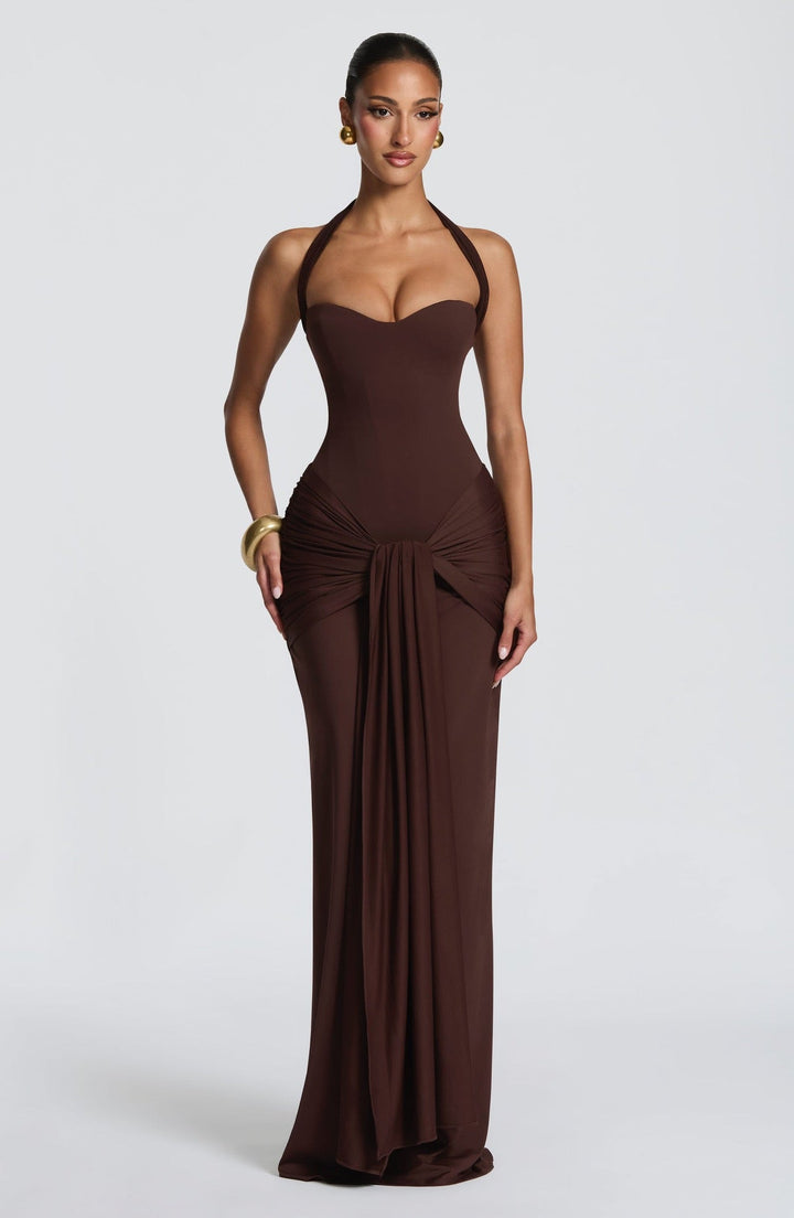 Maxi dress with a neck tie and open back – YALI