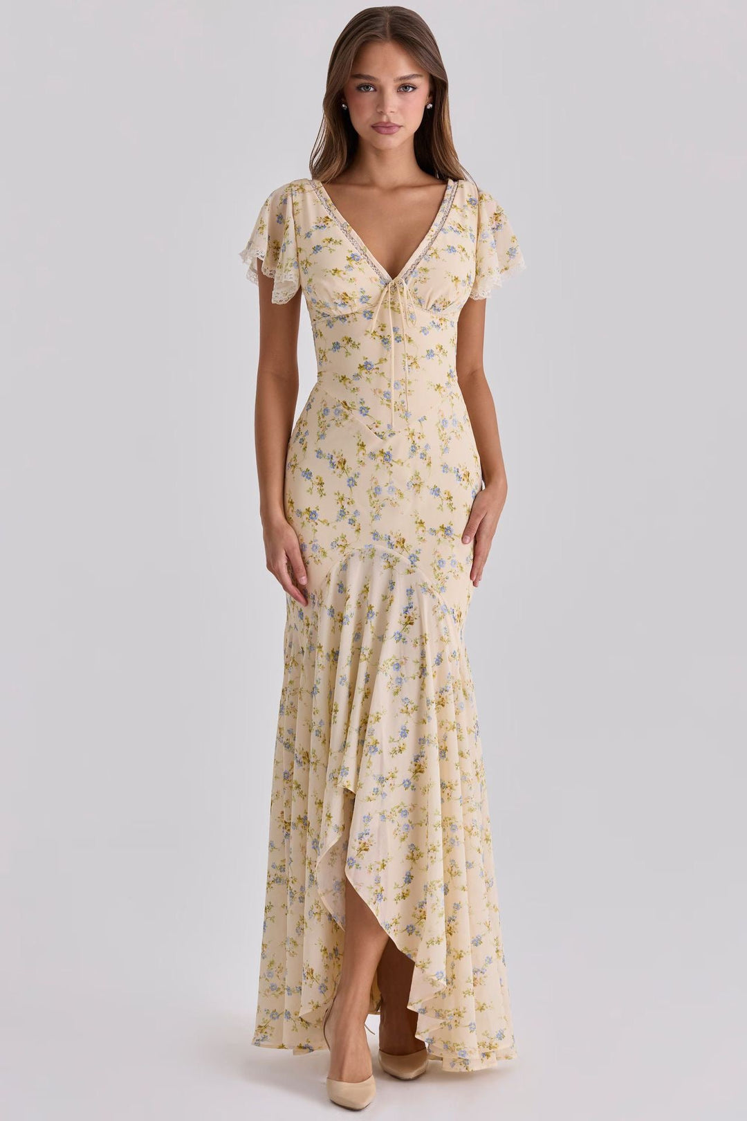 Floral satin maxi dress with lace trim - FLORIE