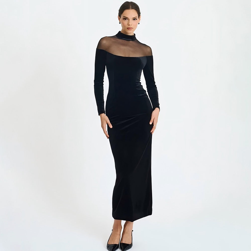 Elegant velvet maxi dress with chiffon design - Michaela