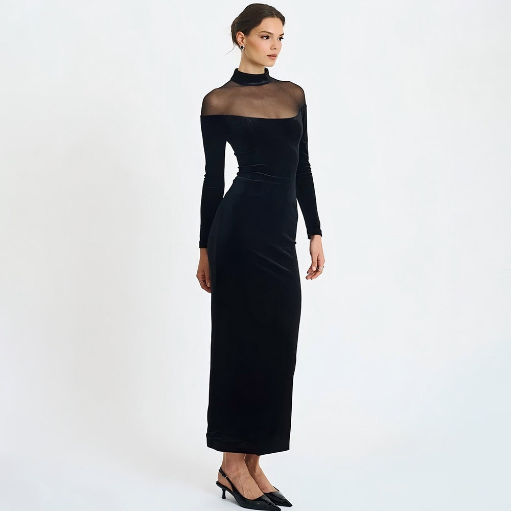 Elegant velvet maxi dress with chiffon design - Michaela