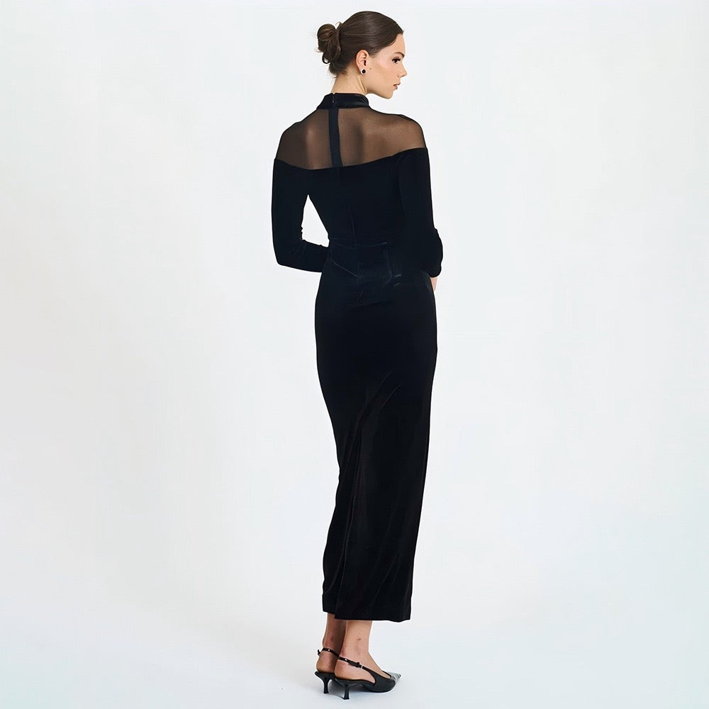 Elegant velvet maxi dress with chiffon design - Michaela