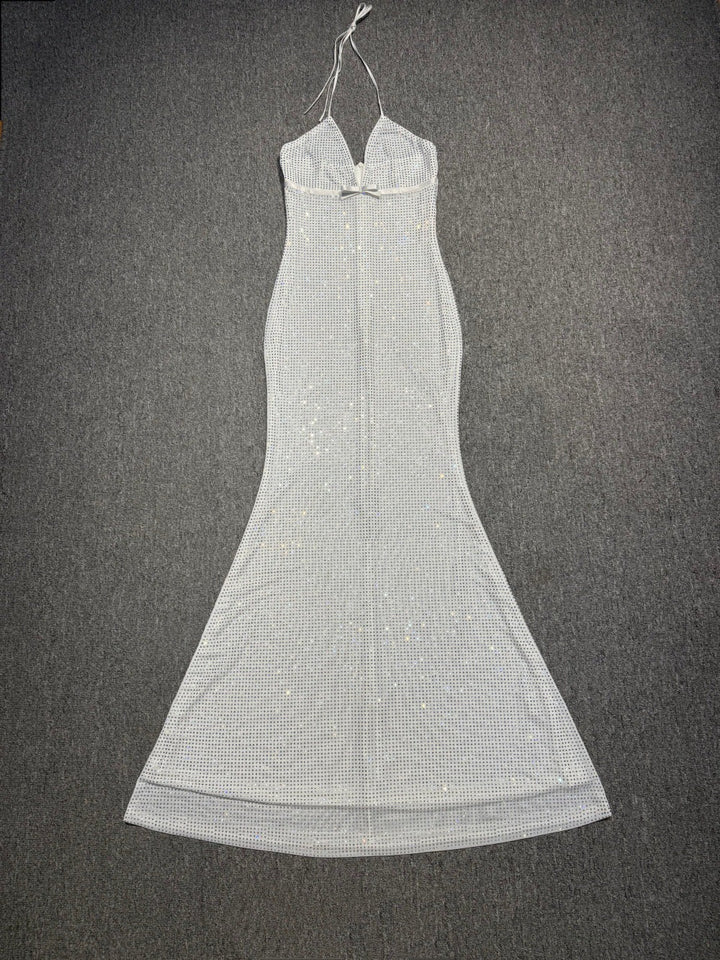 Maxi dress with sparkling rhinestone embellishments and a bow - DIAMON