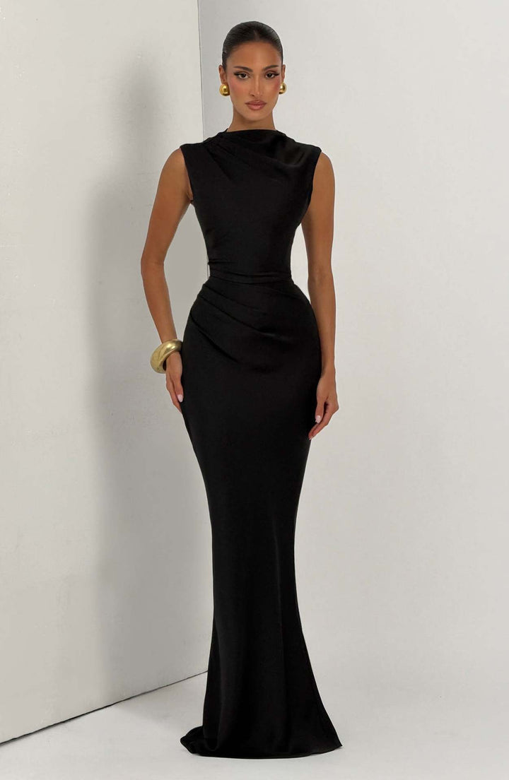 Satin maxi dress with a back tie for a cinched waist and open back – YAHALI