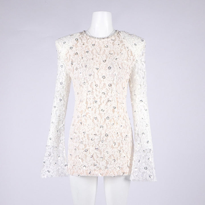 Lace mini dress with sequin and rhinestone embellishments and a chiffon train - MAXIMA