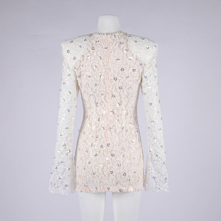 Lace mini dress with sequin and rhinestone embellishments and a chiffon train - MAXIMA