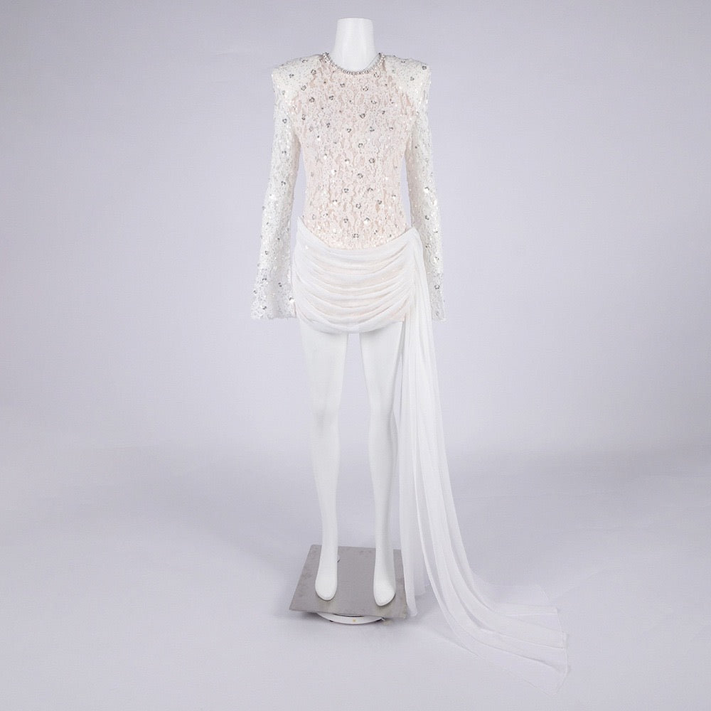 Lace mini dress with sequin and rhinestone embellishments and a chiffon train - MAXIMA