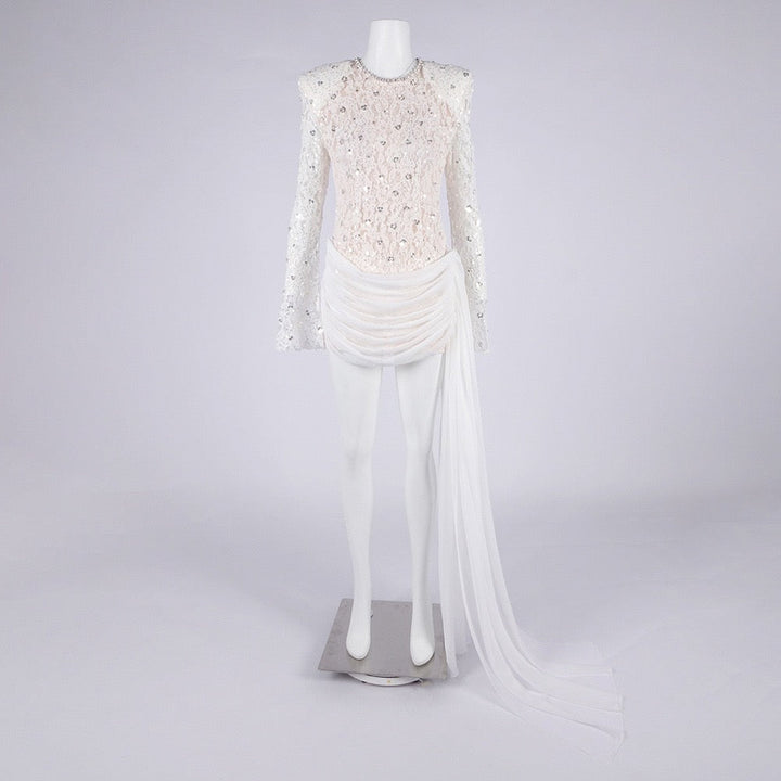 Lace mini dress with sequin and rhinestone embellishments and a chiffon train - MAXIMA