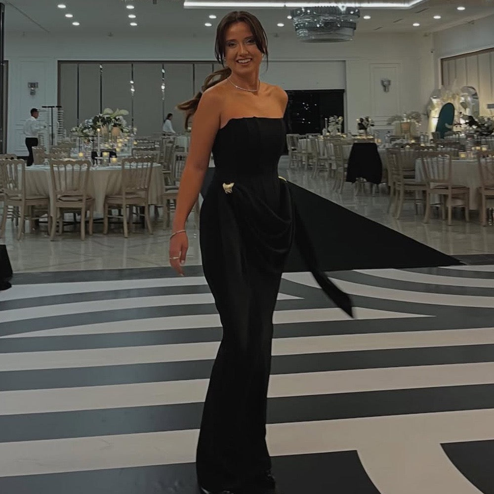 Maxi strapless dress with corset and pleats with buckle decoration - Felice