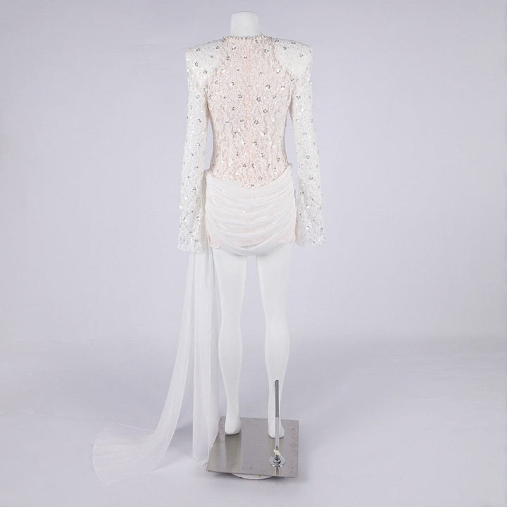 Lace mini dress with sequin and rhinestone embellishments and a chiffon train - MAXIMA