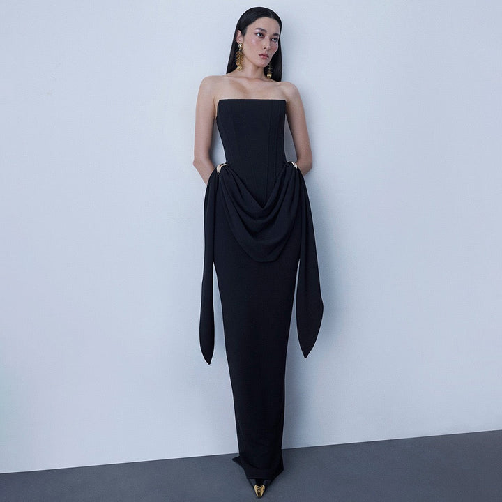 Maxi strapless dress with corset and pleats with buckle decoration - Felice