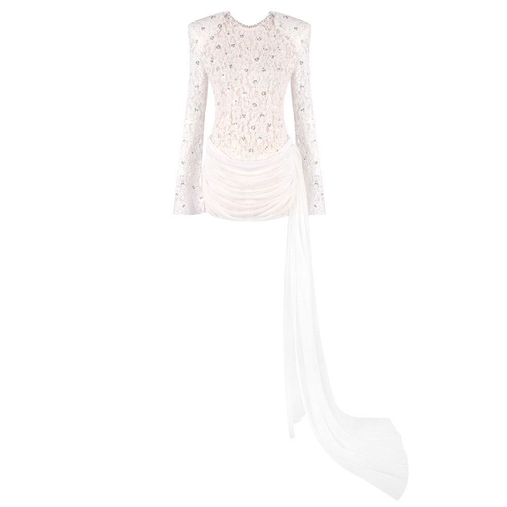 Lace mini dress with sequin and rhinestone embellishments and a chiffon train - MAXIMA