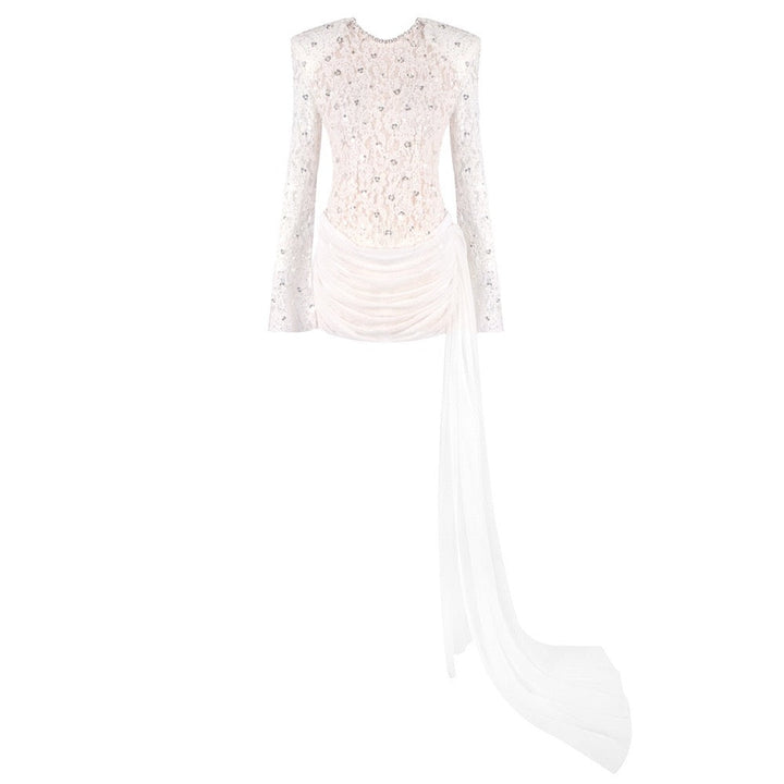 Lace mini dress with sequin and rhinestone embellishments and a chiffon train - MAXIMA