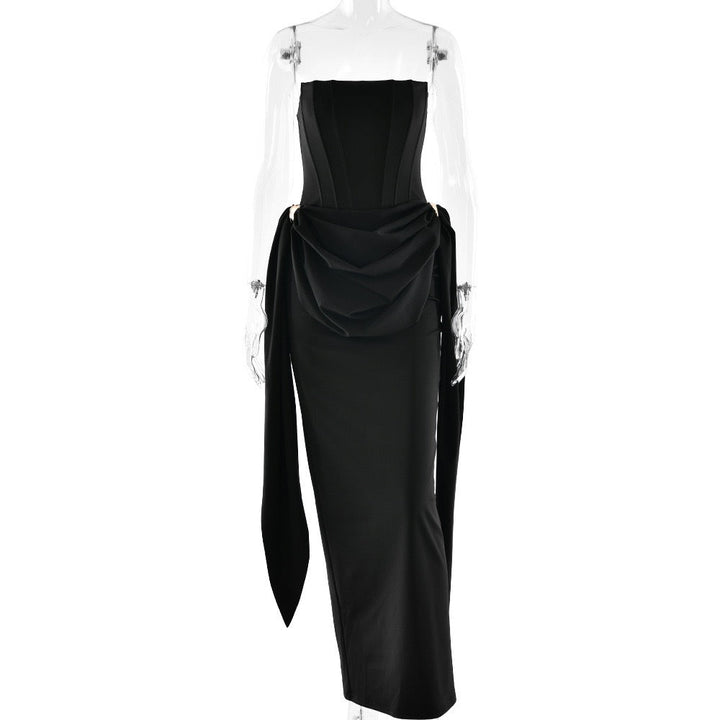Maxi strapless dress with corset and pleats with buckle decoration - Felice
