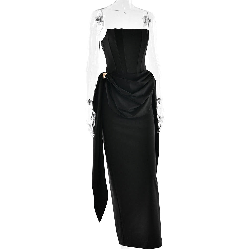Maxi strapless dress with corset and pleats with buckle decoration - Felice